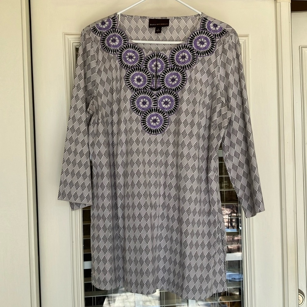 Embellished Gray and Purple Tunic with Three-Quarter Sleeves